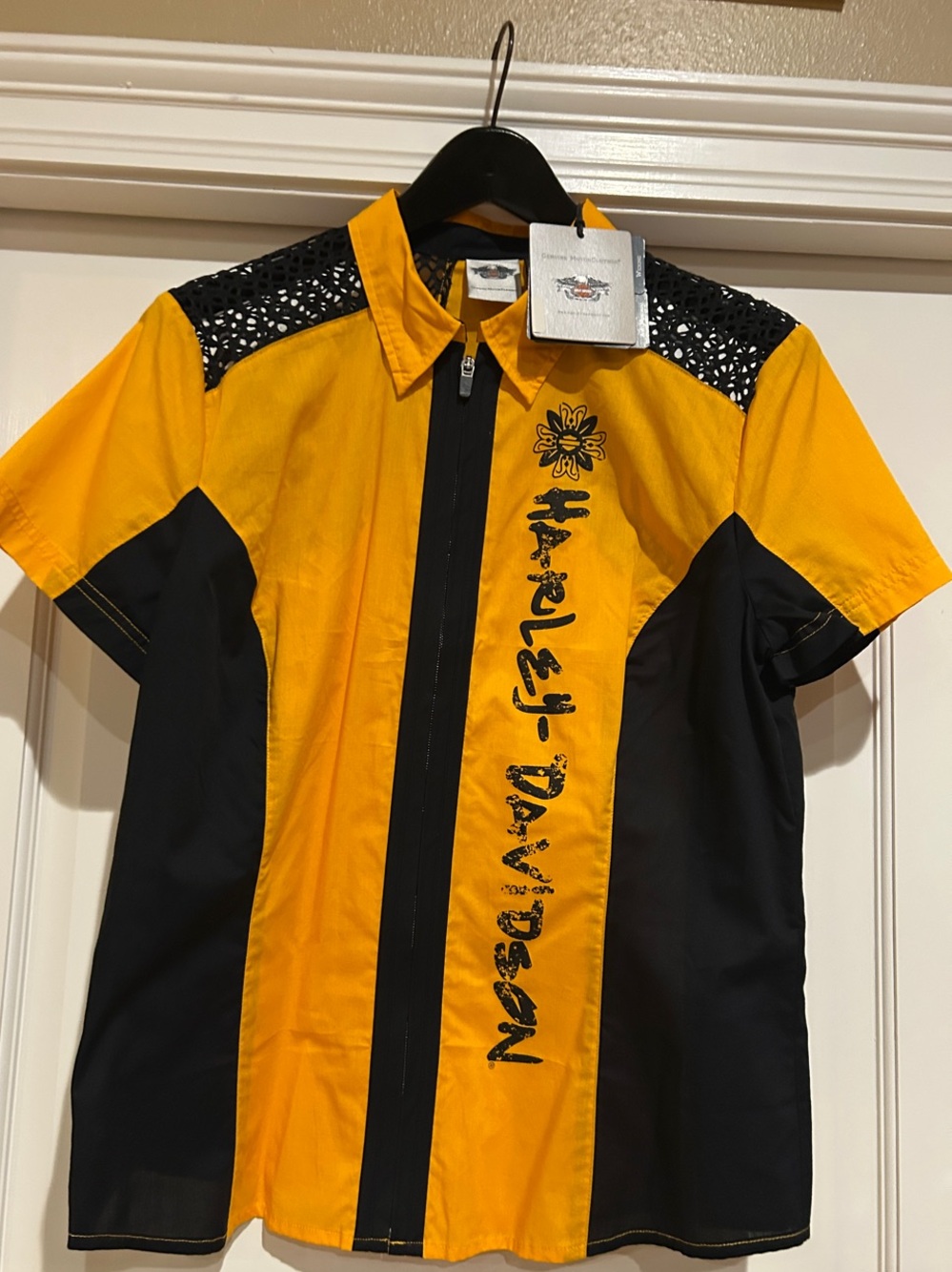 Harley-Davidson Yellow and Black Short Sleeve Zip-Front Shirt